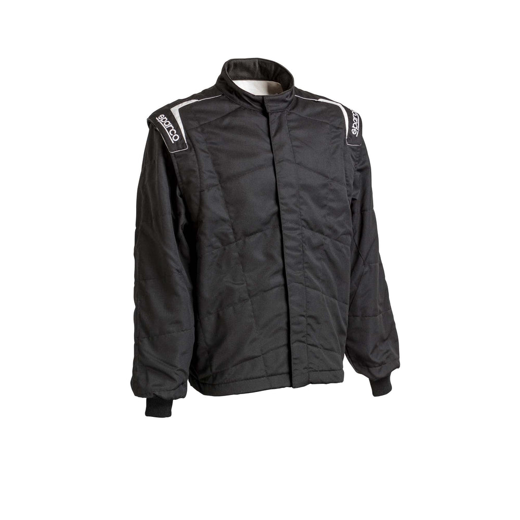 Black racing-style jacket with full zipper and grey side panels