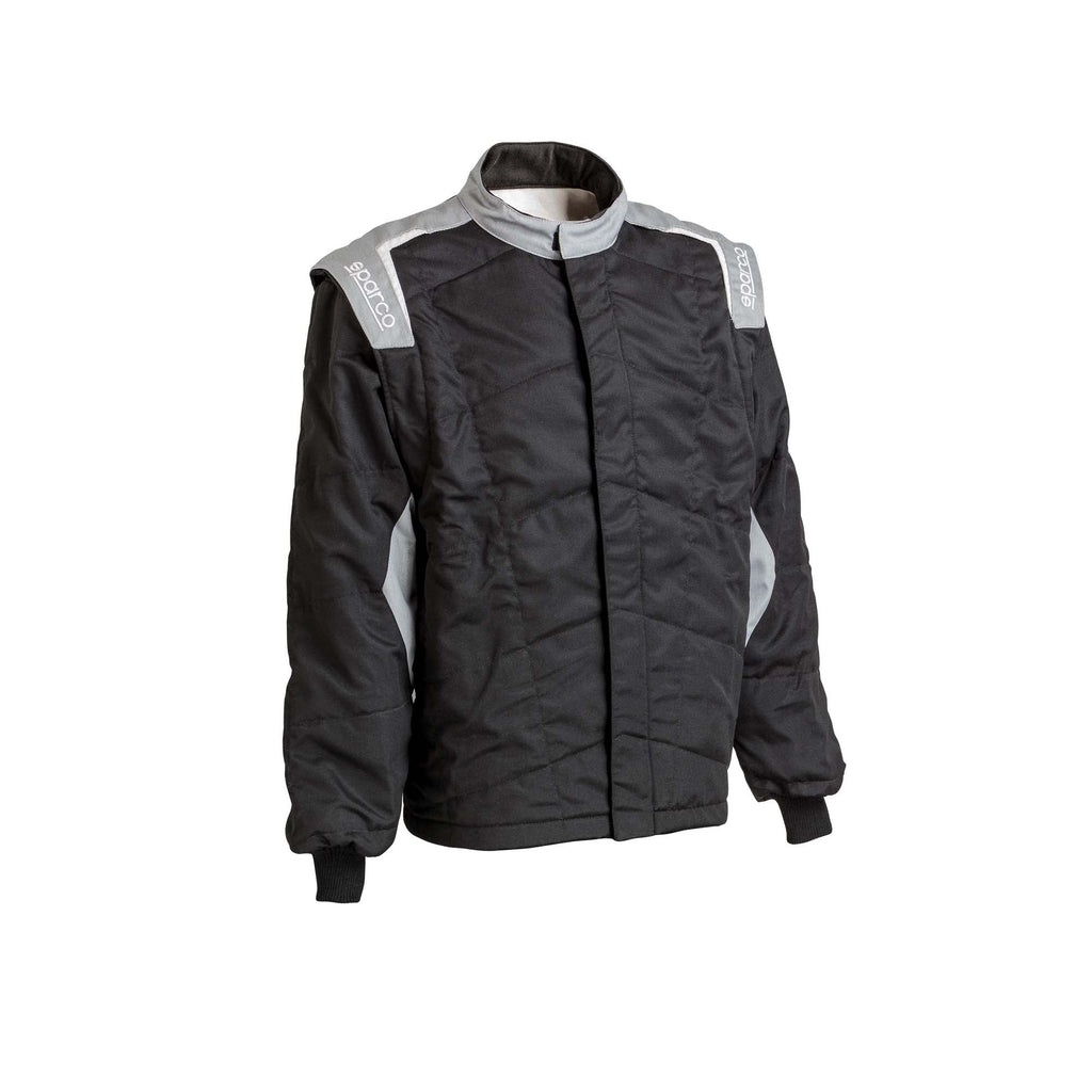 Black jacket with light grey stand collar, full zipper, and grey shoulder accents