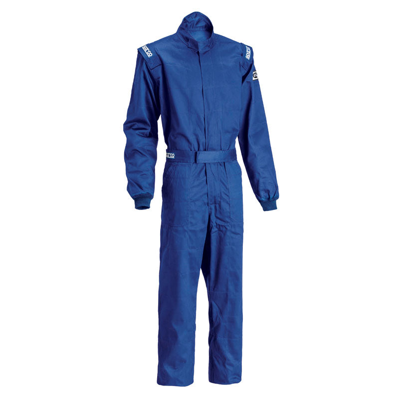Blue racing driver suit with stand collar, full front zipper, and waist belt
