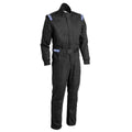 Sparco Jade 3 black racing suit with zip-front, standing collar, blue logo patches