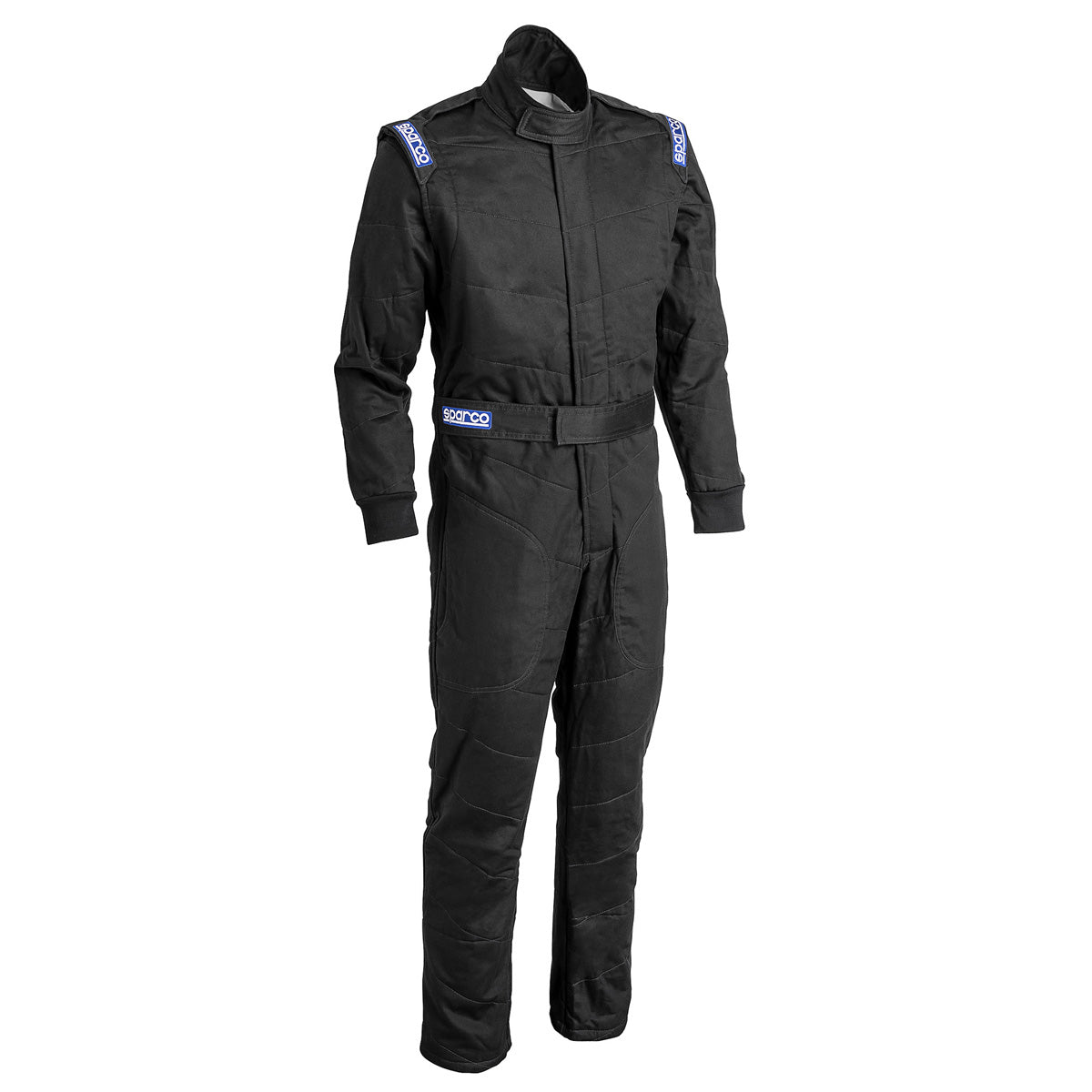 Sparco Jade 3 black racing suit with zip-front, standing collar, blue logo patches