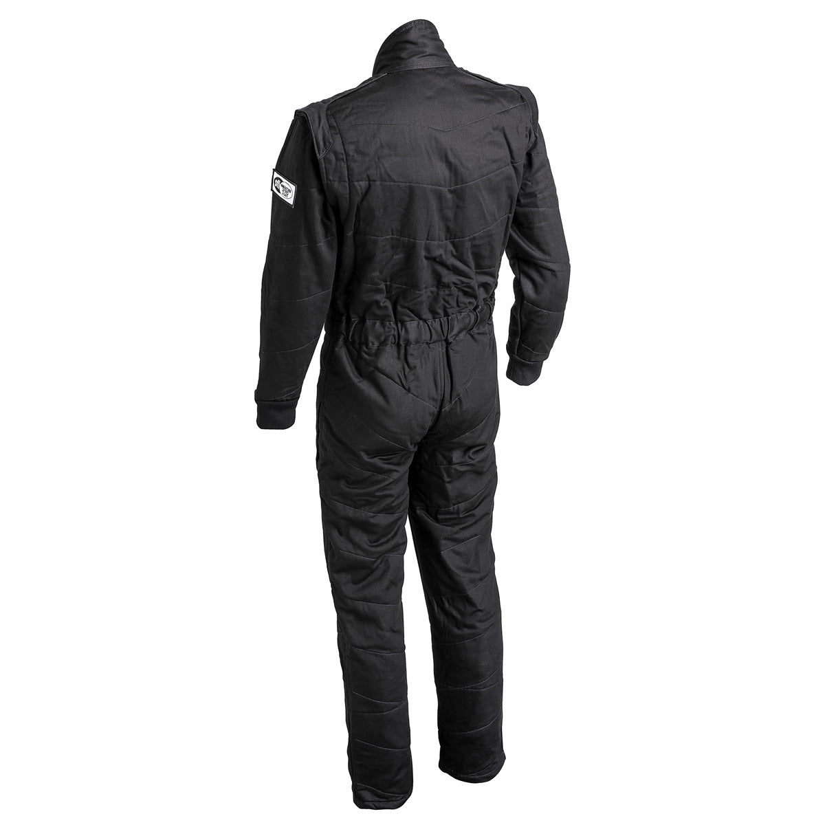 Black racing suit back view with center seam, gathered waist, full-length sleeves
