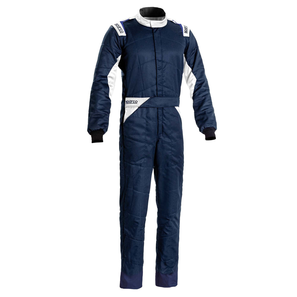 Blue boot-cut racing suit with white collar detail, full zipper, Sparco logos