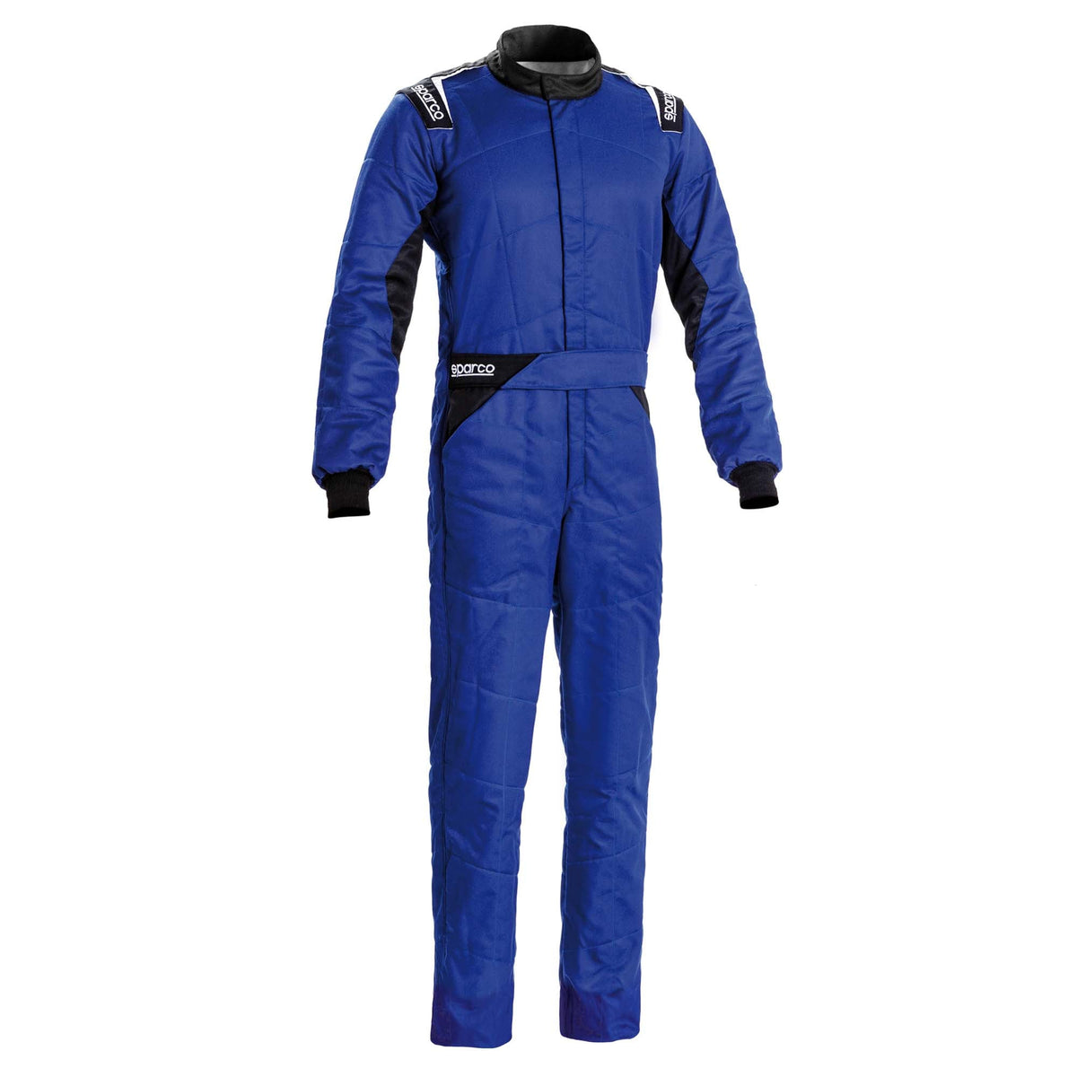 Blue boot-cut racing suit with shoulder patches, full-length zipper, Sparco logos