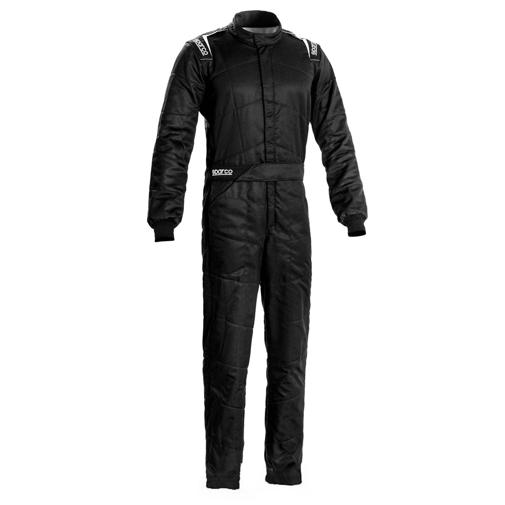 Black boot-cut racing suit with full-length zipper, Sparco logos, black collar