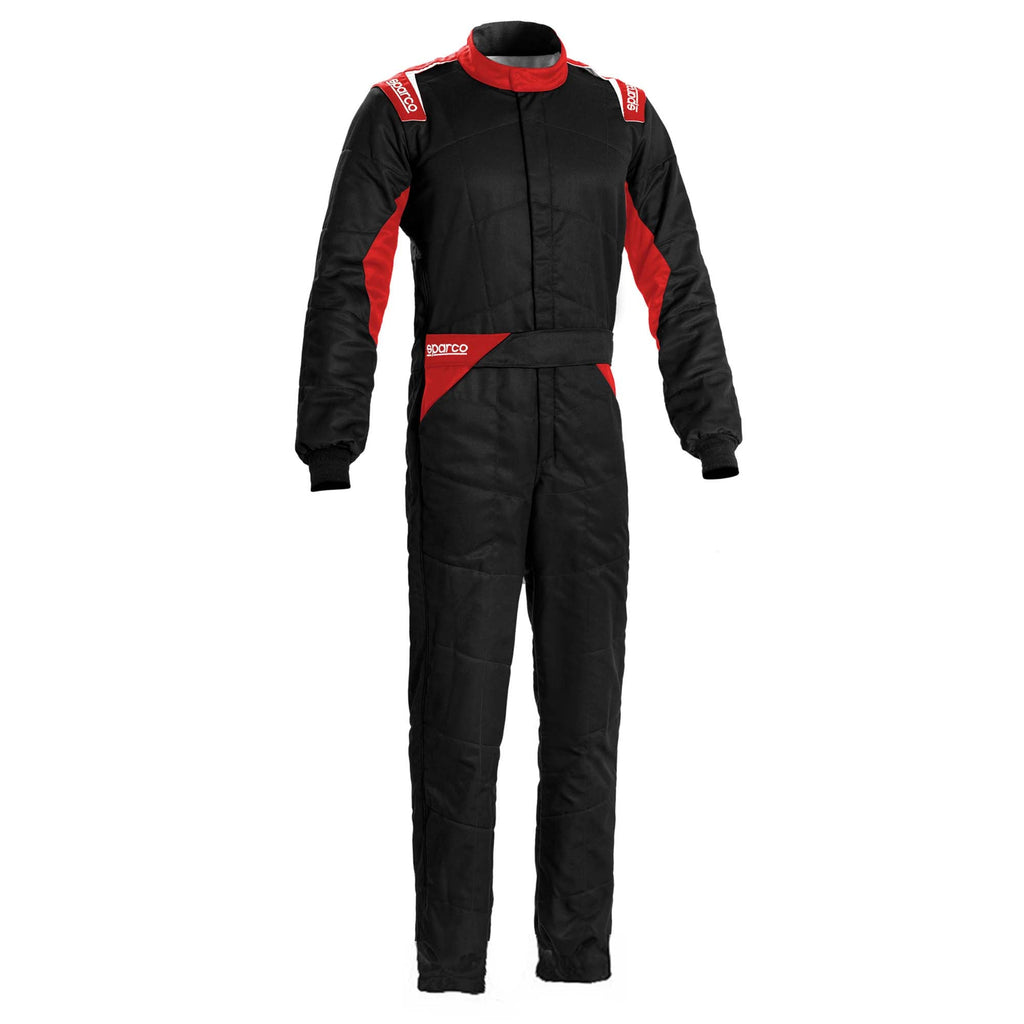 Black and red boot-cut racing suit with full-length zipper and Sparco logos