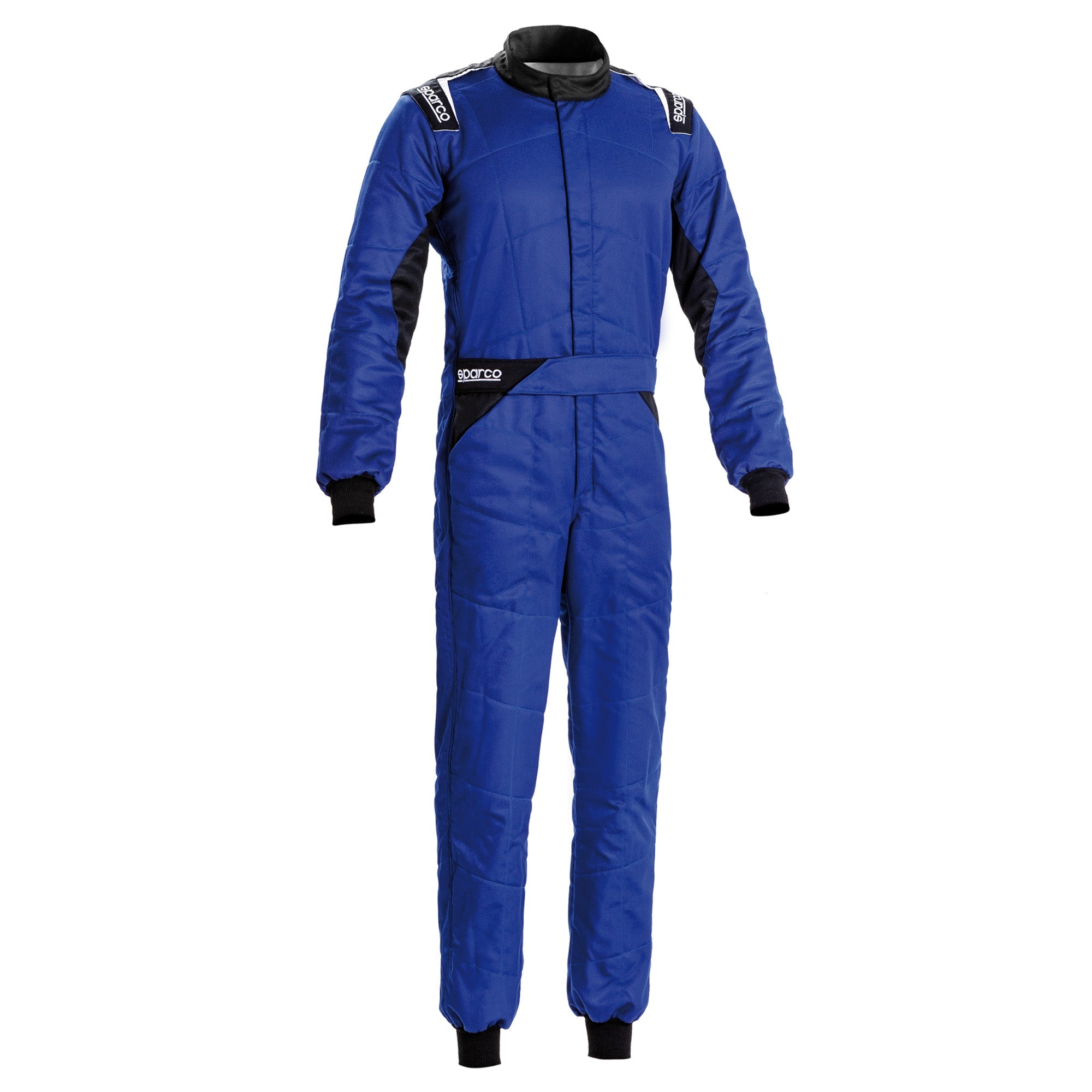 Sparco Sprint racing suit, royal blue with black collar and zip front.
