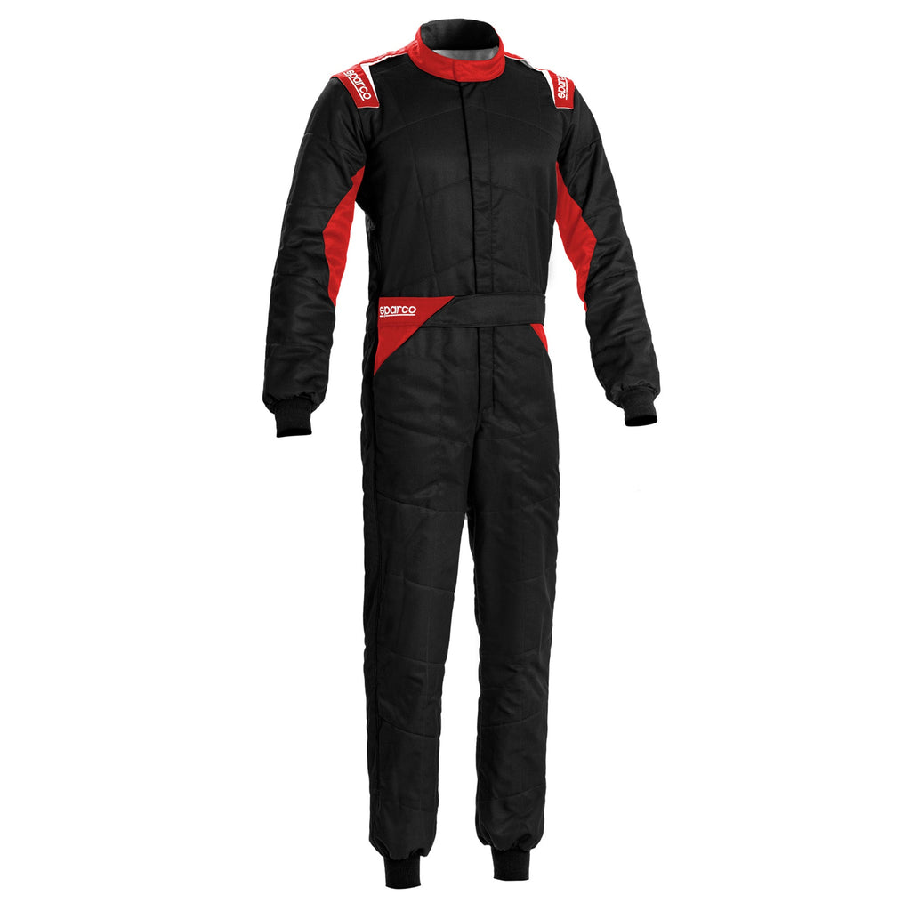 Sparco Sprint racing suit, black with red side panels and zip front.
