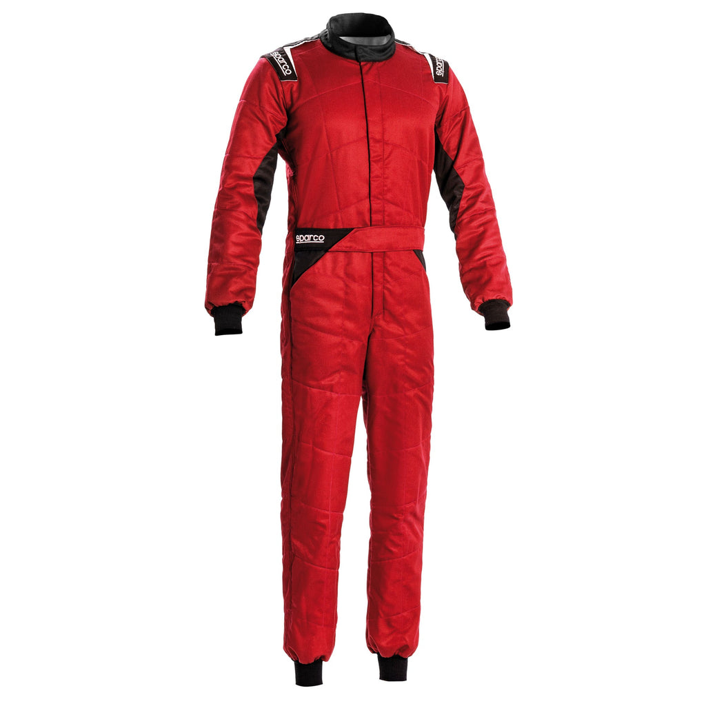 Sparco Sprint racing suit, red with black collar trim and zip front.