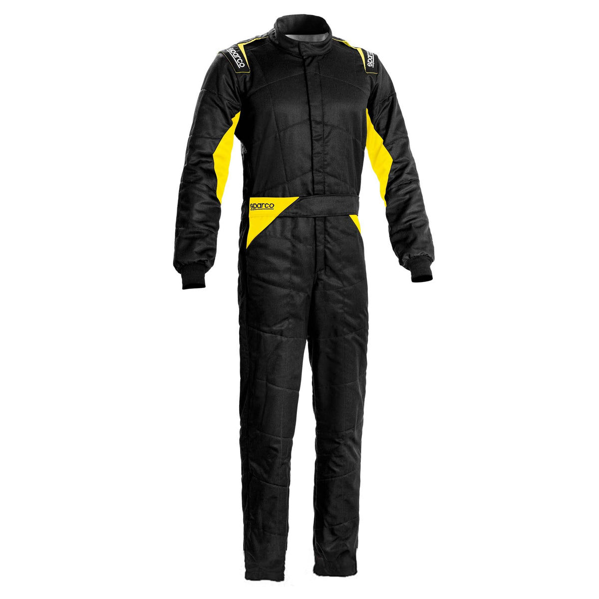 Black racing jumpsuit with neon yellow-green side panels, zip front, belt waist, boot-cut legs.