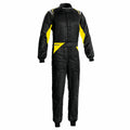 Black racing coverall with yellow side panels and full front zipper