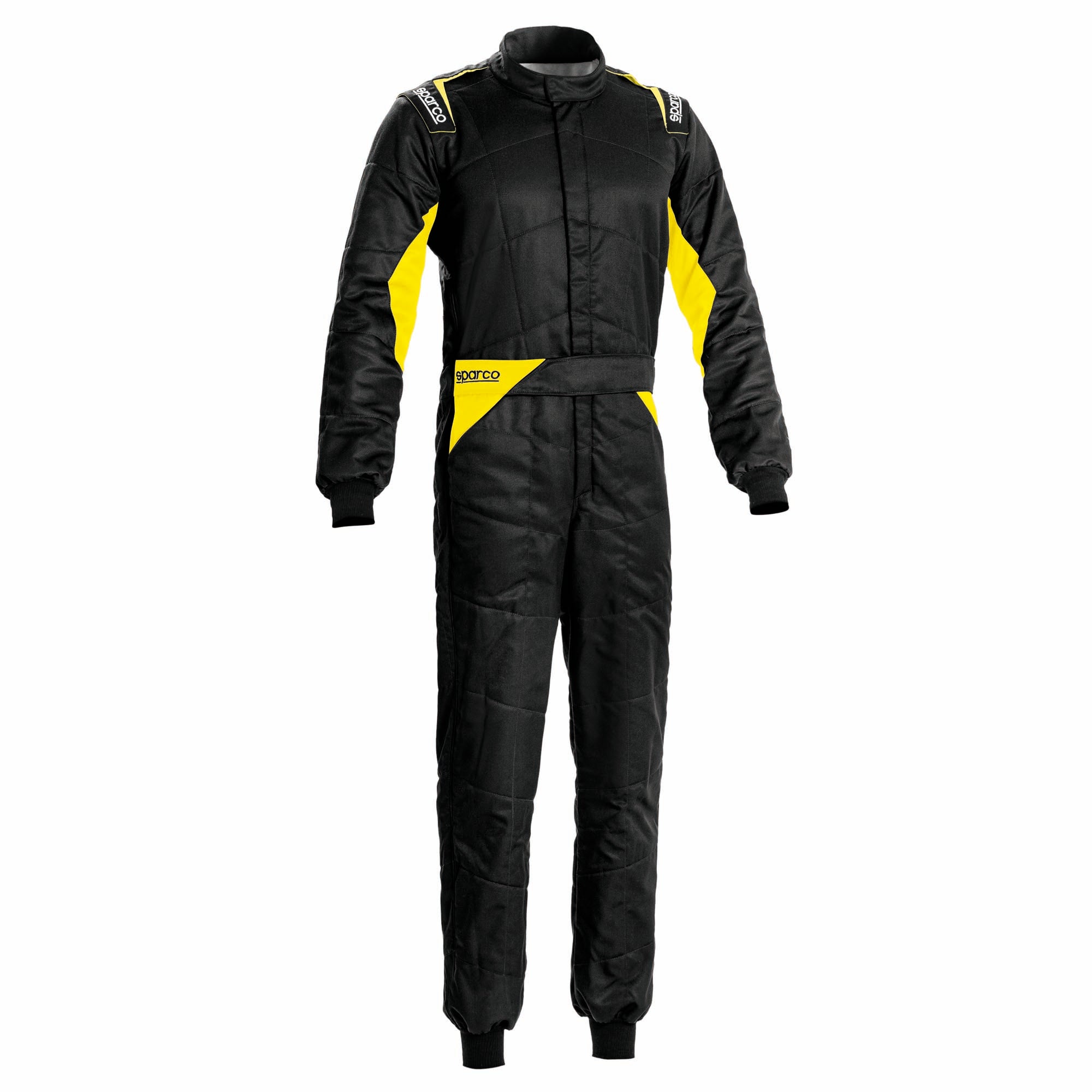 Black racing coverall with yellow side panels and full front zipper