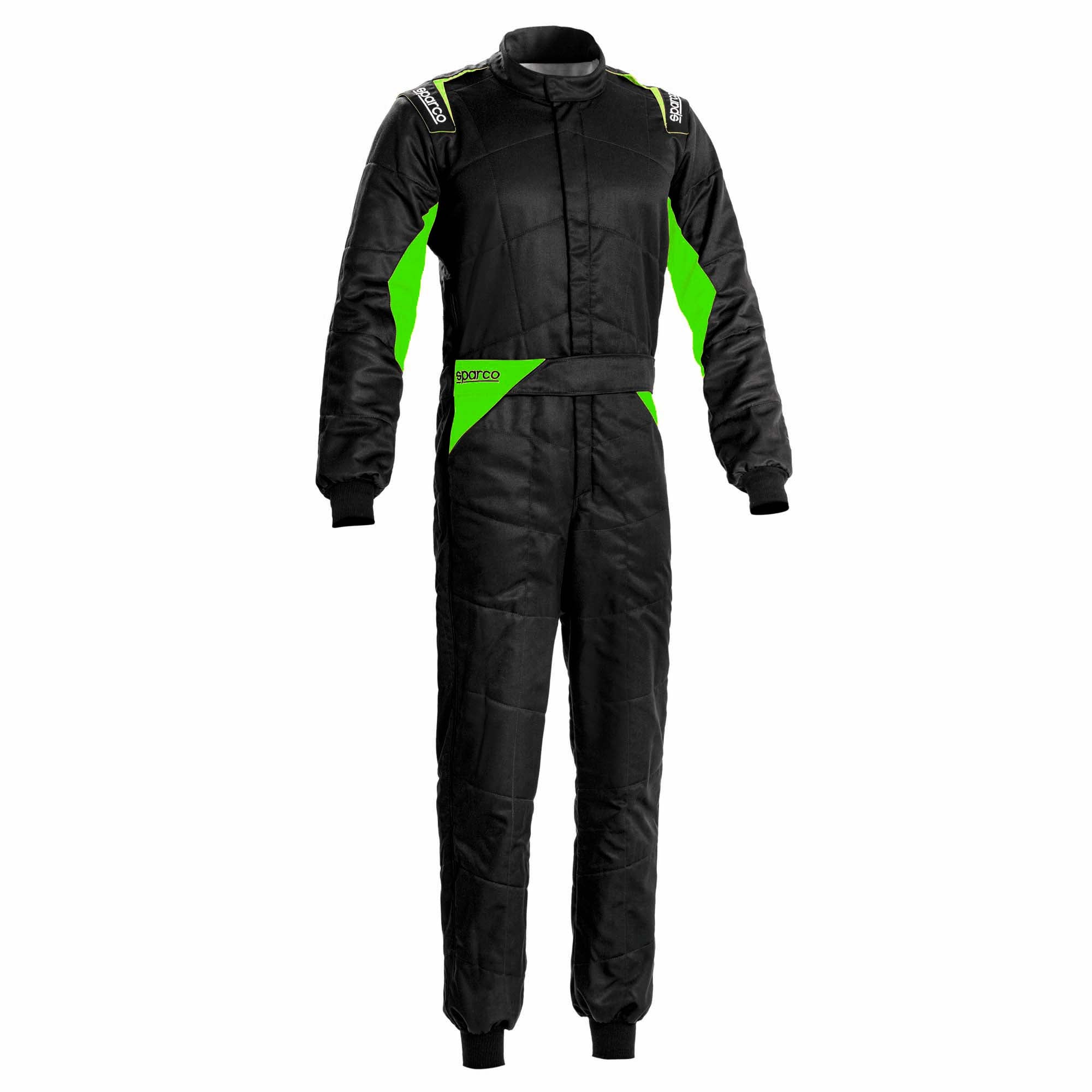 Sparco Sprint racing suit, black with neon green side panels and zip front.