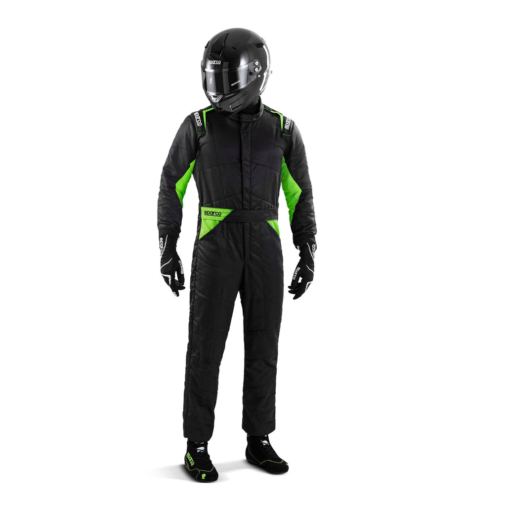 Sparco Sprint racing suit, black with neon green panels and zip front.