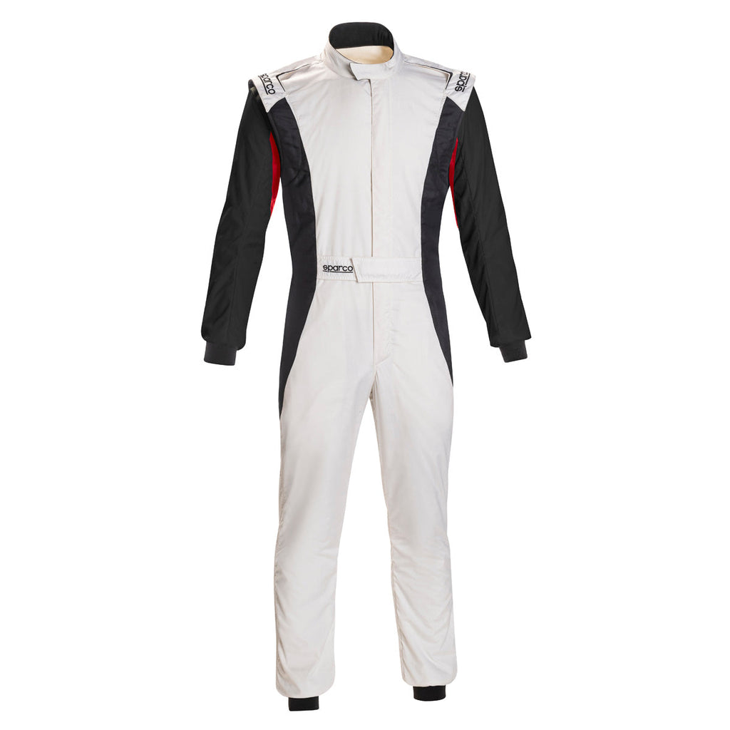 White and black racing suit with front zipper and black sleeve panels