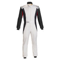 White and black racing suit with front zipper and black sleeve panels