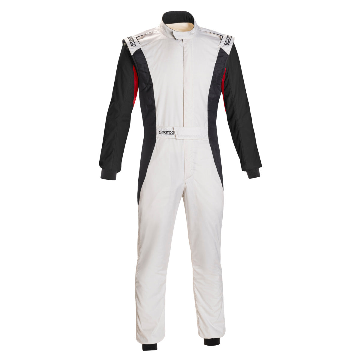 White and black racing suit with front zipper and black sleeve panels