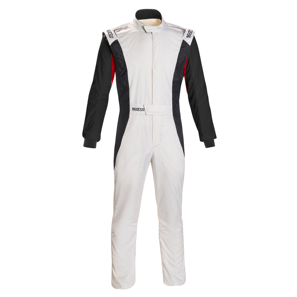 White and black racing suit with red side panels, zip-front, boot-cut legs.