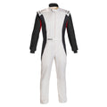 White and black racing suit with red side panels, zip-front, boot-cut legs.
