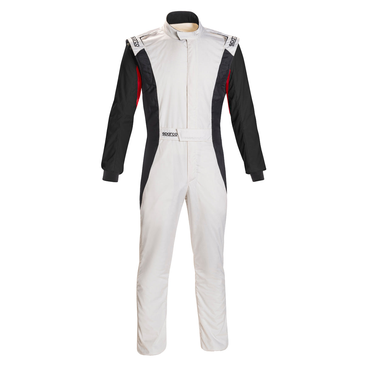 White and black racing suit with red side panels, zip-front, boot-cut legs.