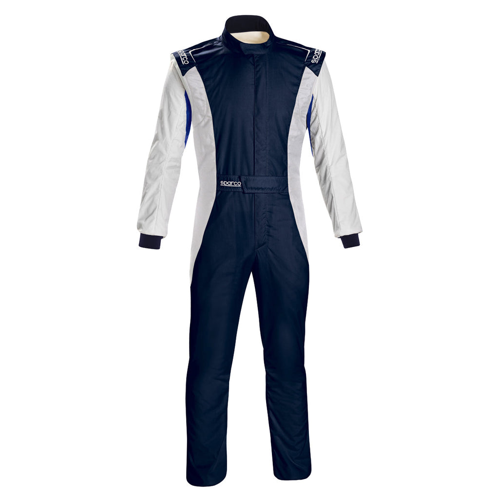 Navy and white racing suit with side panels, zip-front, boot-cut legs.