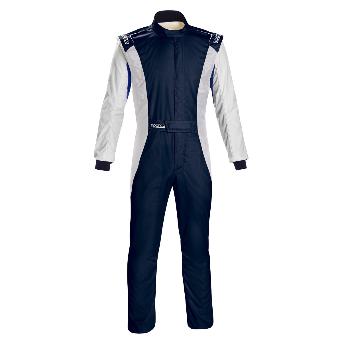 Navy and white racing suit with side panels, zip-front, boot-cut legs.