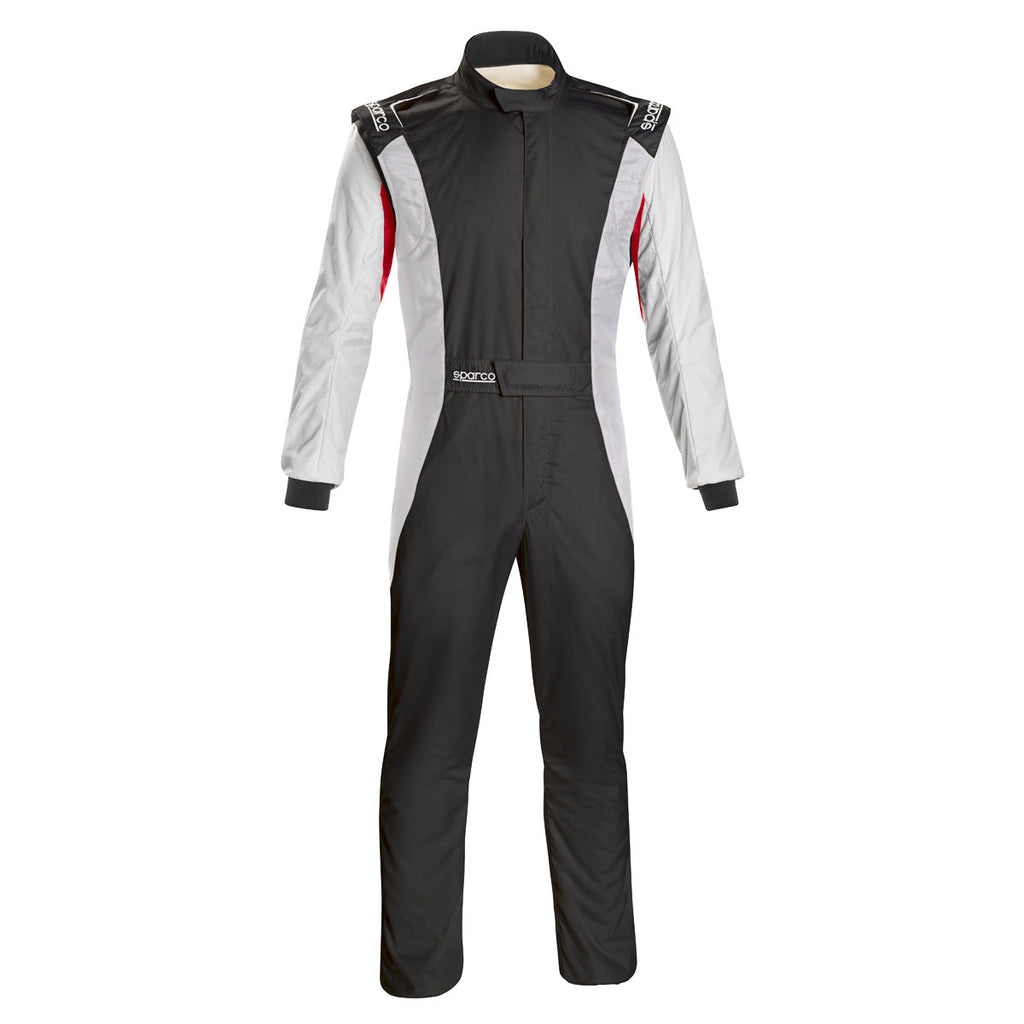 Black and white racing suit with red accents, zip-front, boot-cut legs.