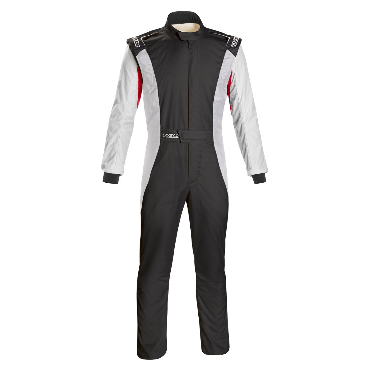 Black and white racing suit with red accents, zip-front, boot-cut legs.