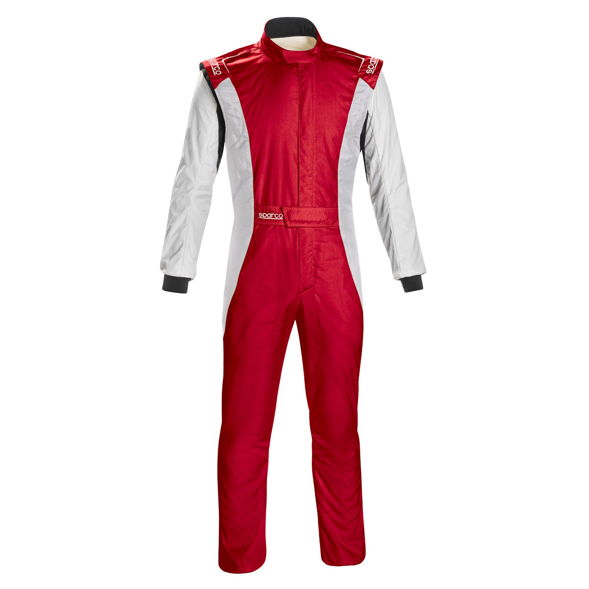 Red and white racing suit with black side panels, zip-front, boot-cut legs.