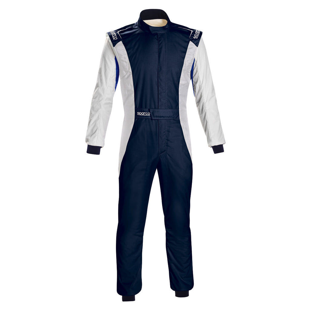 Navy and white racing suit with front zipper and blue side panel detailing