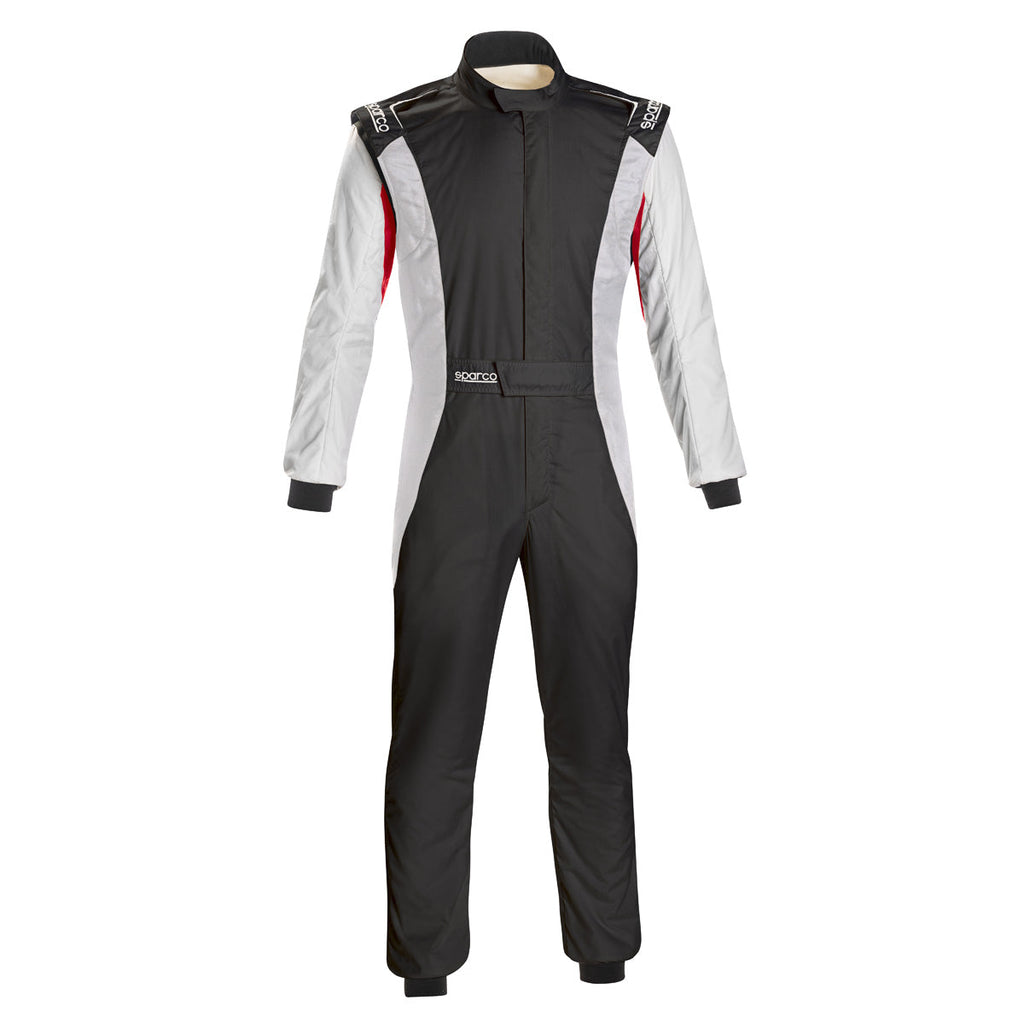 Black and white racing suit with red side stripe accents and front zipper