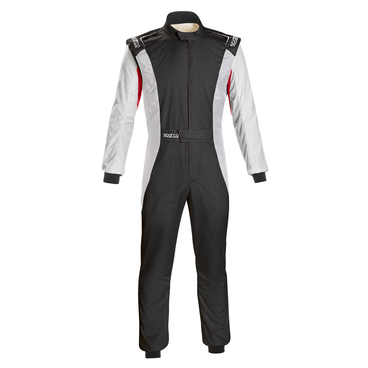 Black and white racing suit with red side stripe accents and front zipper