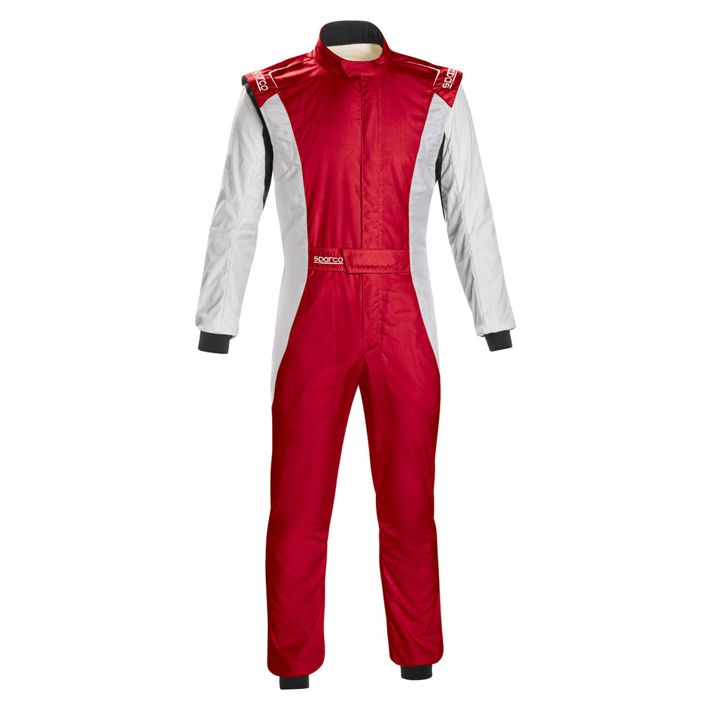 Red racing suit with white sleeve panels, front zipper, and black waist band