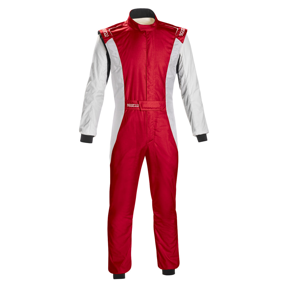 Red racing suit with white sleeve panels, front zipper, and black waist band