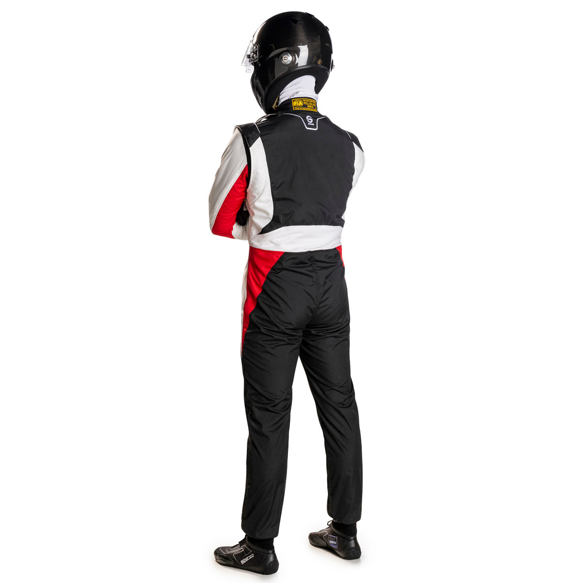 Black racing suit back view with white panels and red waist and sleeve accents