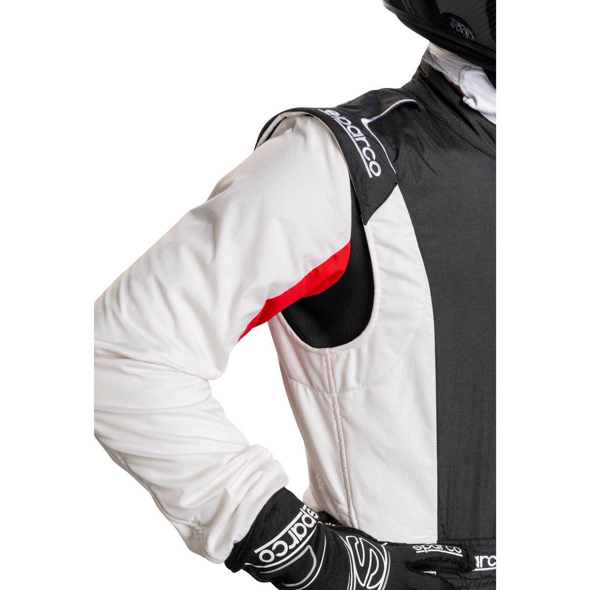 Racing suit shoulder panel close-up in black, white, and red trim
