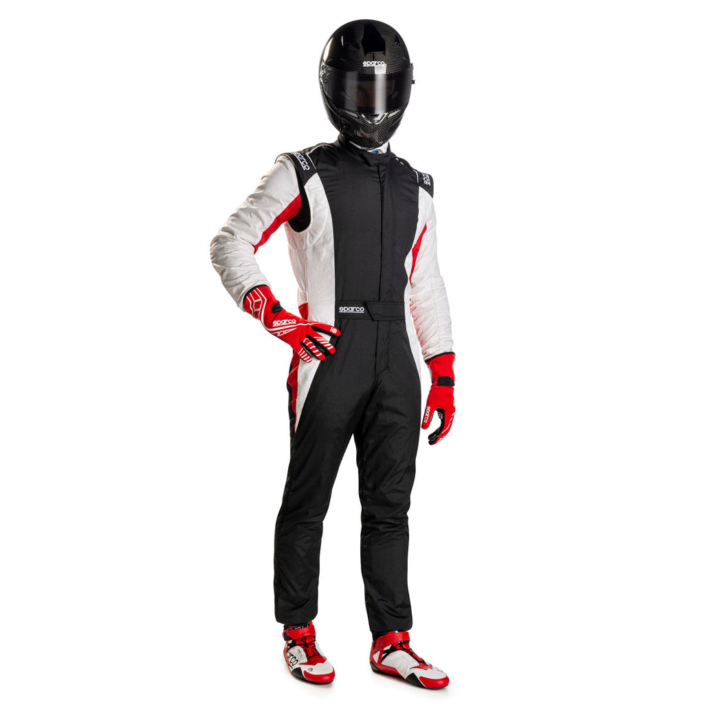 Black racing suit with white sleeve panels, red accents, and front zipper