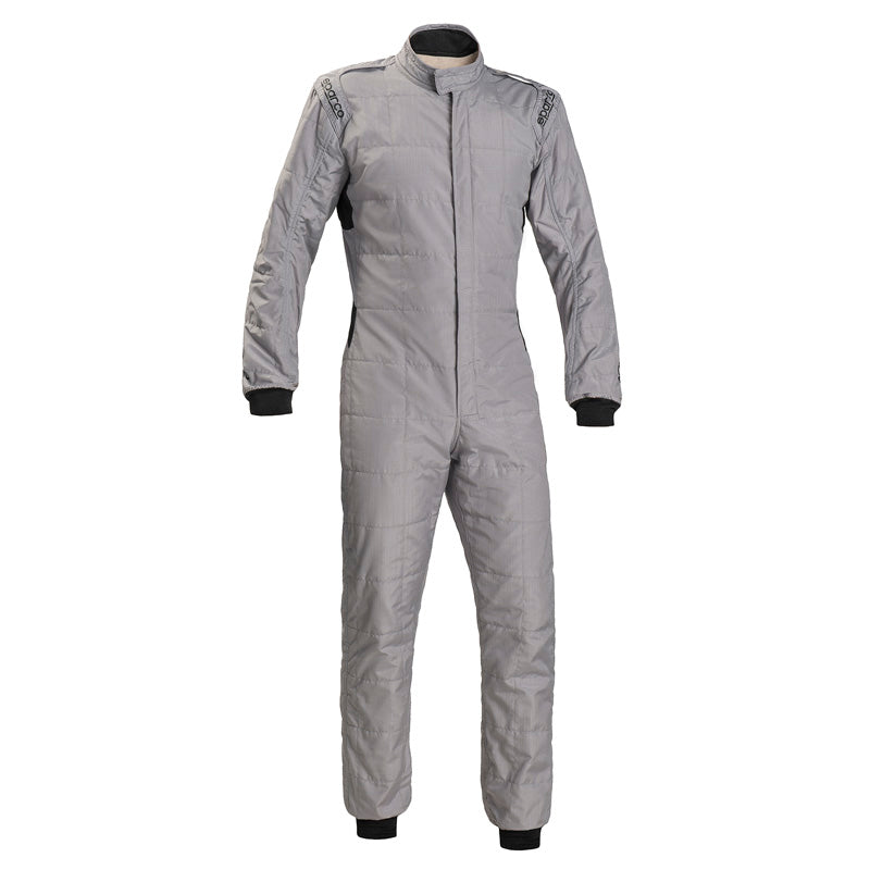 Grey racing suit with front zipper and stand collar, full-length sleeves and legs