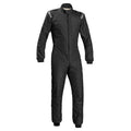 Black racing suit with front zipper and stand collar, full-length sleeves and legs