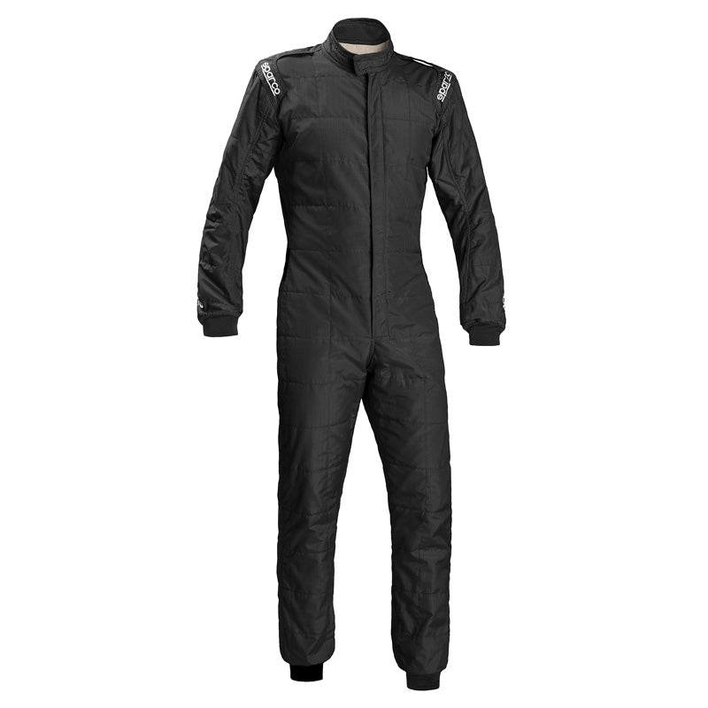 Black racing suit with front zipper and stand collar, full-length sleeves and legs