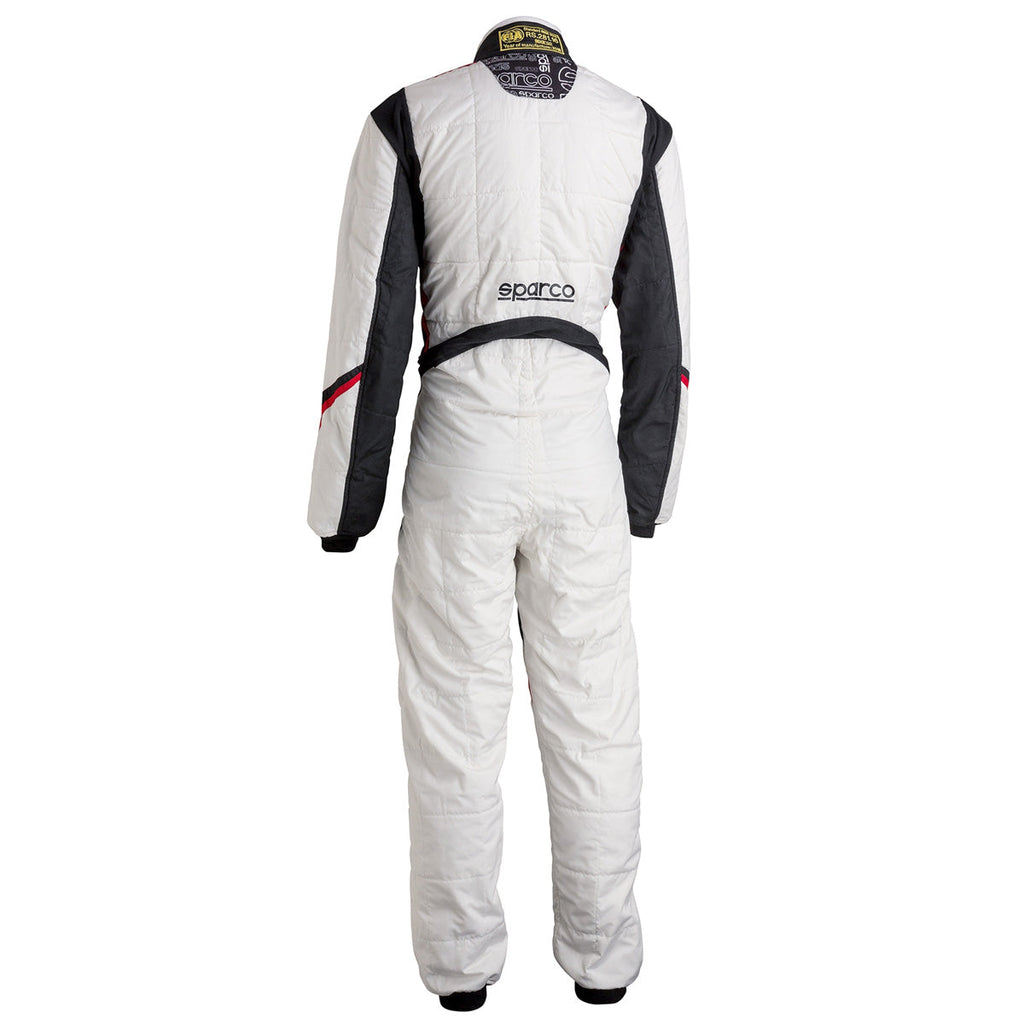 Sparco racing suit in white with black sleeves and red side accents, back view