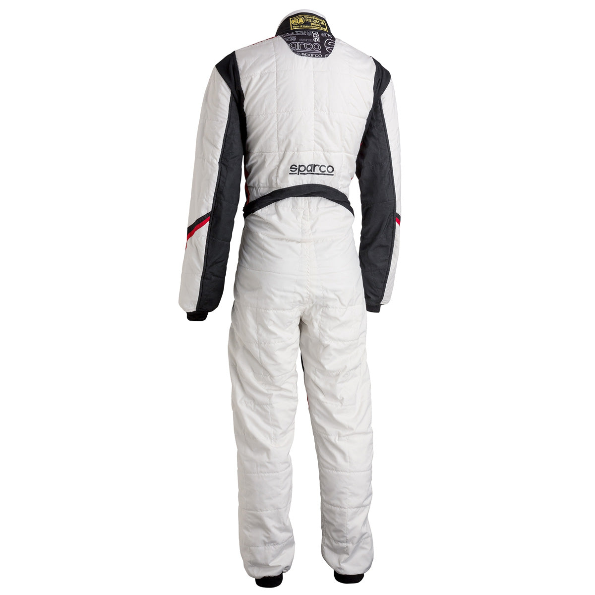 Sparco racing suit in white with black sleeves and red side accents, back view