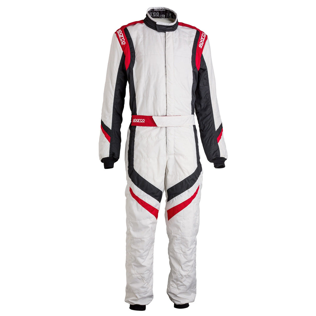 Sparco racing suit in white with black sleeves, red stripes, front zip and belt