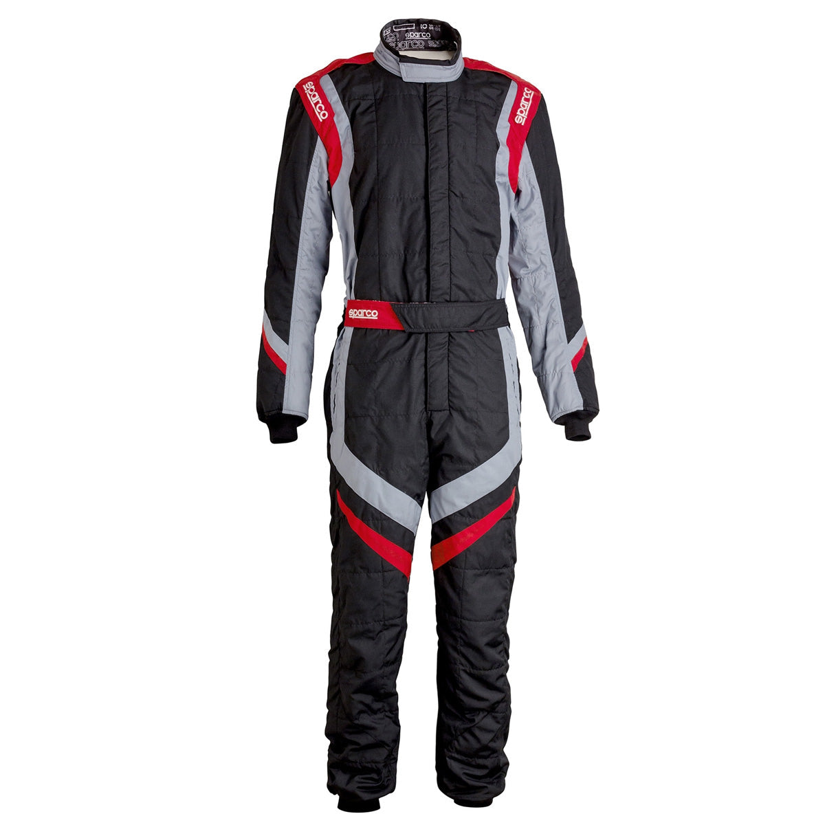 Sparco racing suit with black base, grey and red panels, full-body zip front