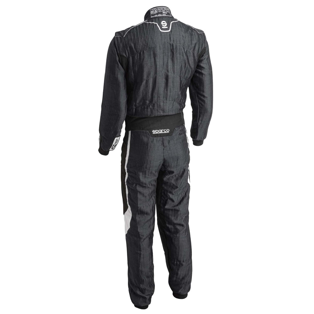 Dark gray racing suit, back view with white logo and zip-front, full-length pants.