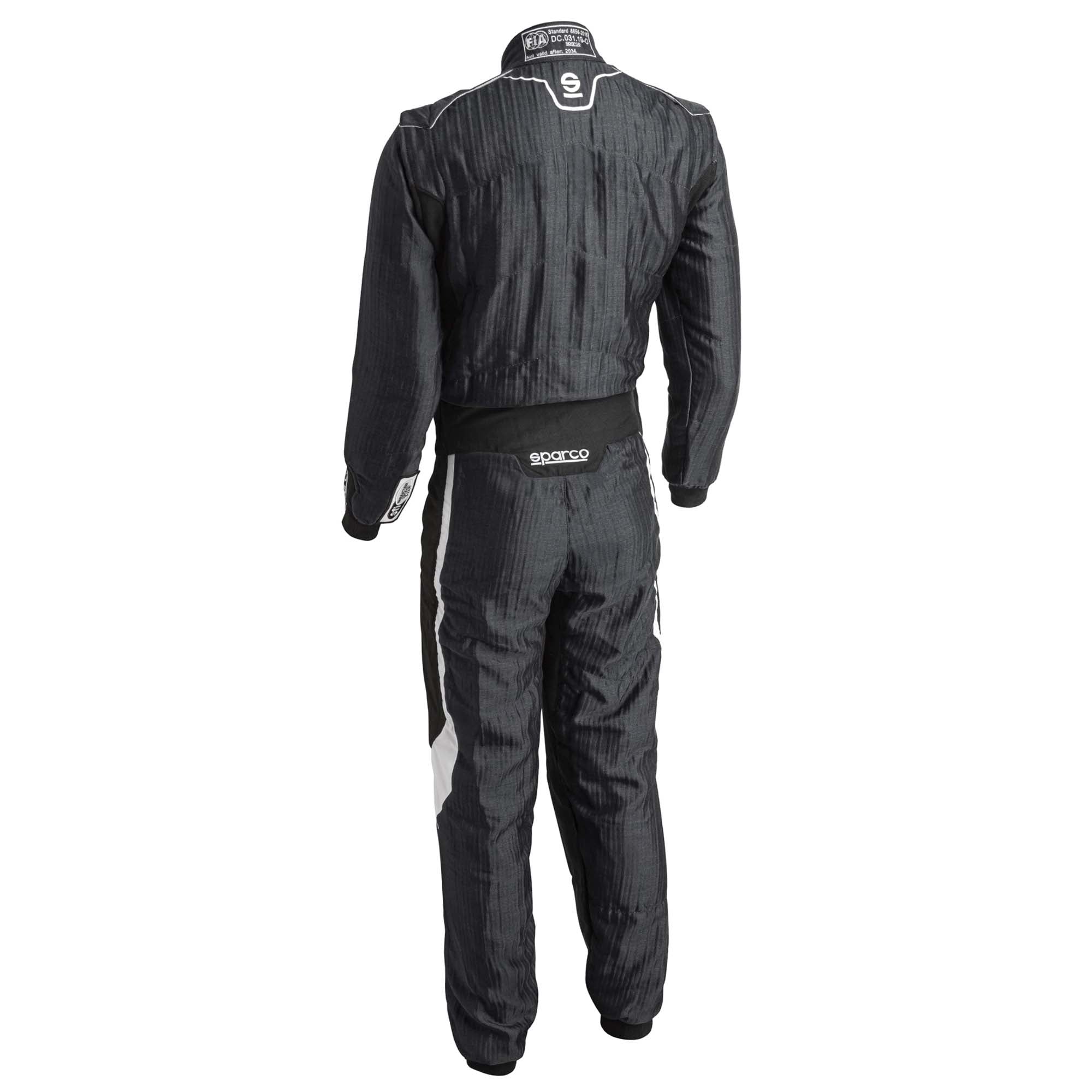 Dark gray racing suit, back view with white logo and zip-front, full-length pants.