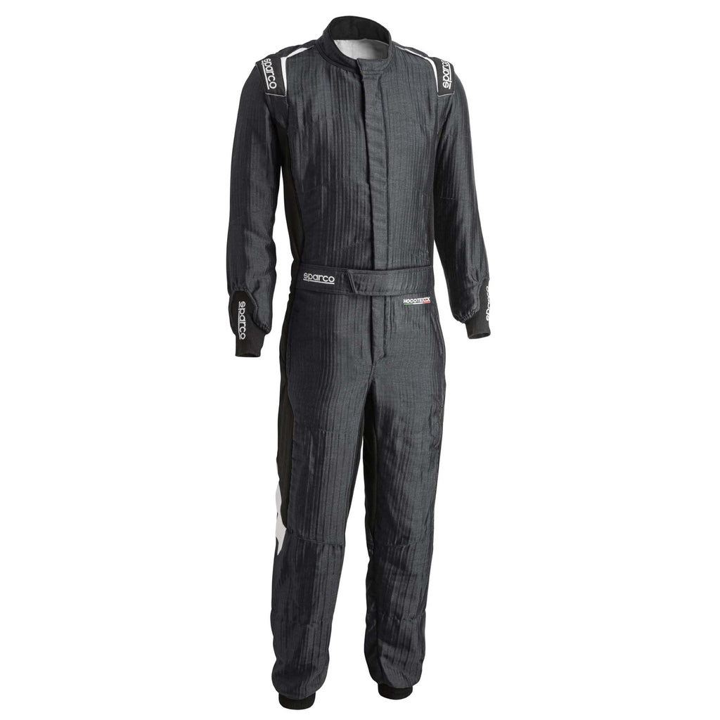Gray racing suit with black side panels and white trim, zip-front and full-length pants.