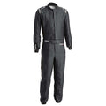 Gray racing suit with black side panels and white trim, zip-front and full-length pants.