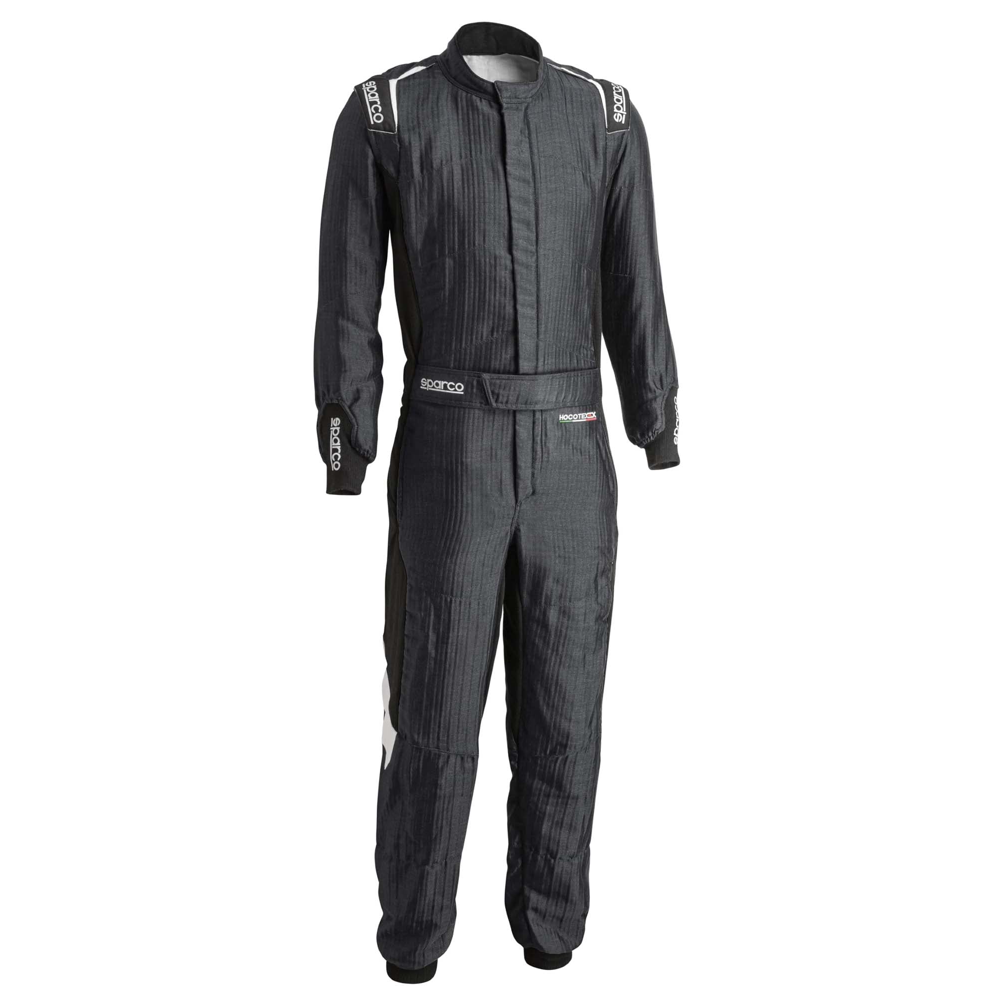 Gray racing suit with black side panels and white trim, zip-front and full-length pants.