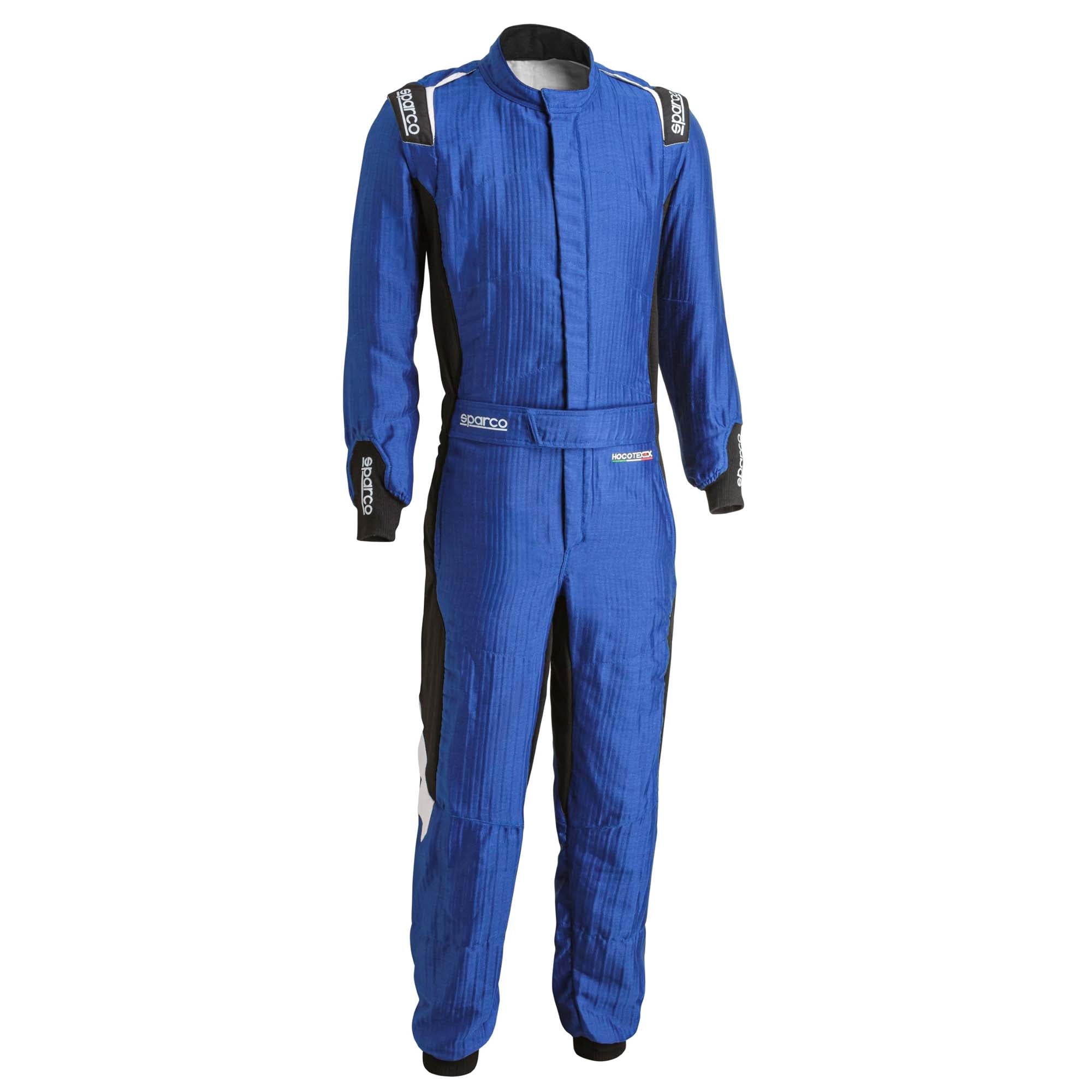 Blue racing suit with black side panels and white trim, zip-front and full-length pants.